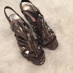 Fergie gray snake print heels
